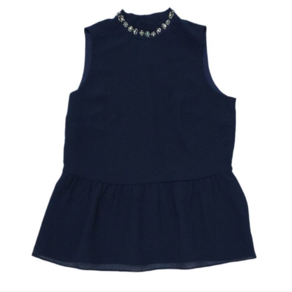 NWT J.Crew Jewel Neckline Peplum Sleeveless Navy Top, size XS